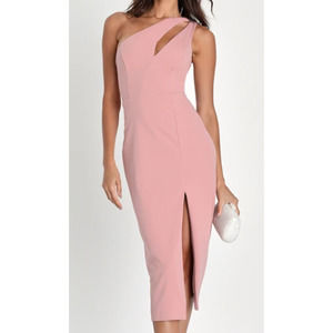 LULU'S SZ L Cocktail Club Blush Pink One-Shoulder Midi Dress NEW B47